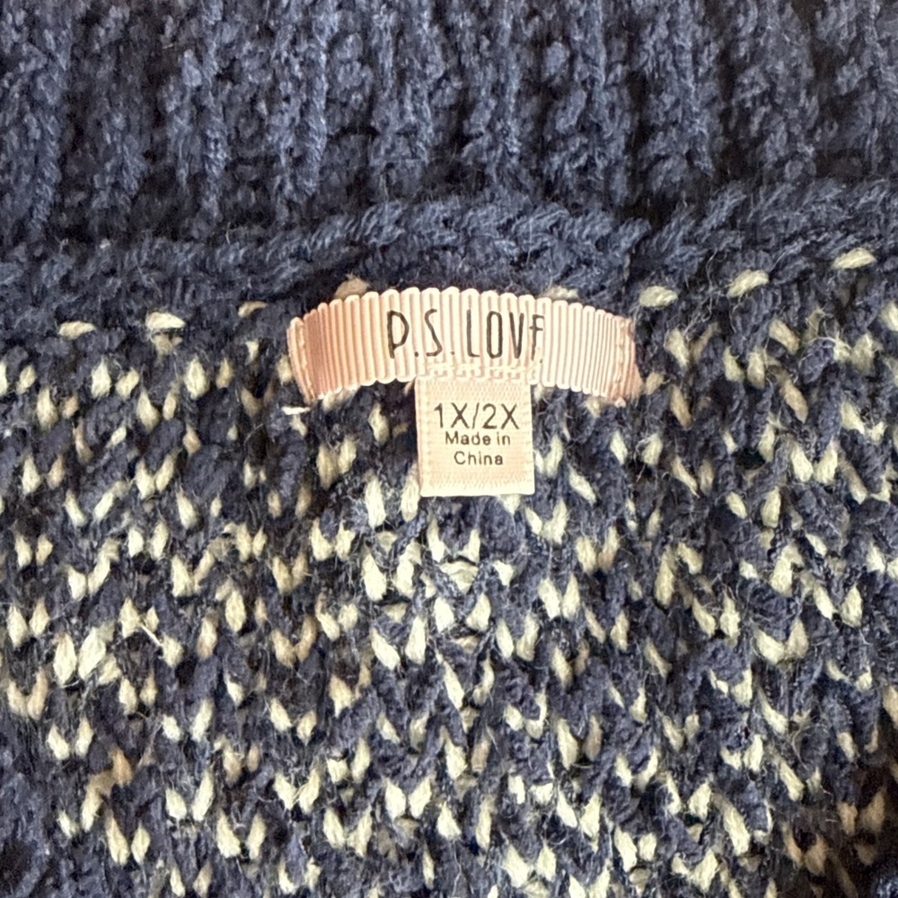 P.S. Love Star Knit Sweater Blue White Stars Woman's Xl 2x V Neck - Picture 9 of 10